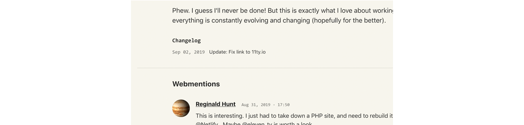 A screenshot of the changelog for my blog post "On Tinkering" showing one entry from September 02, 2019: "Fix link to 11ty.io"