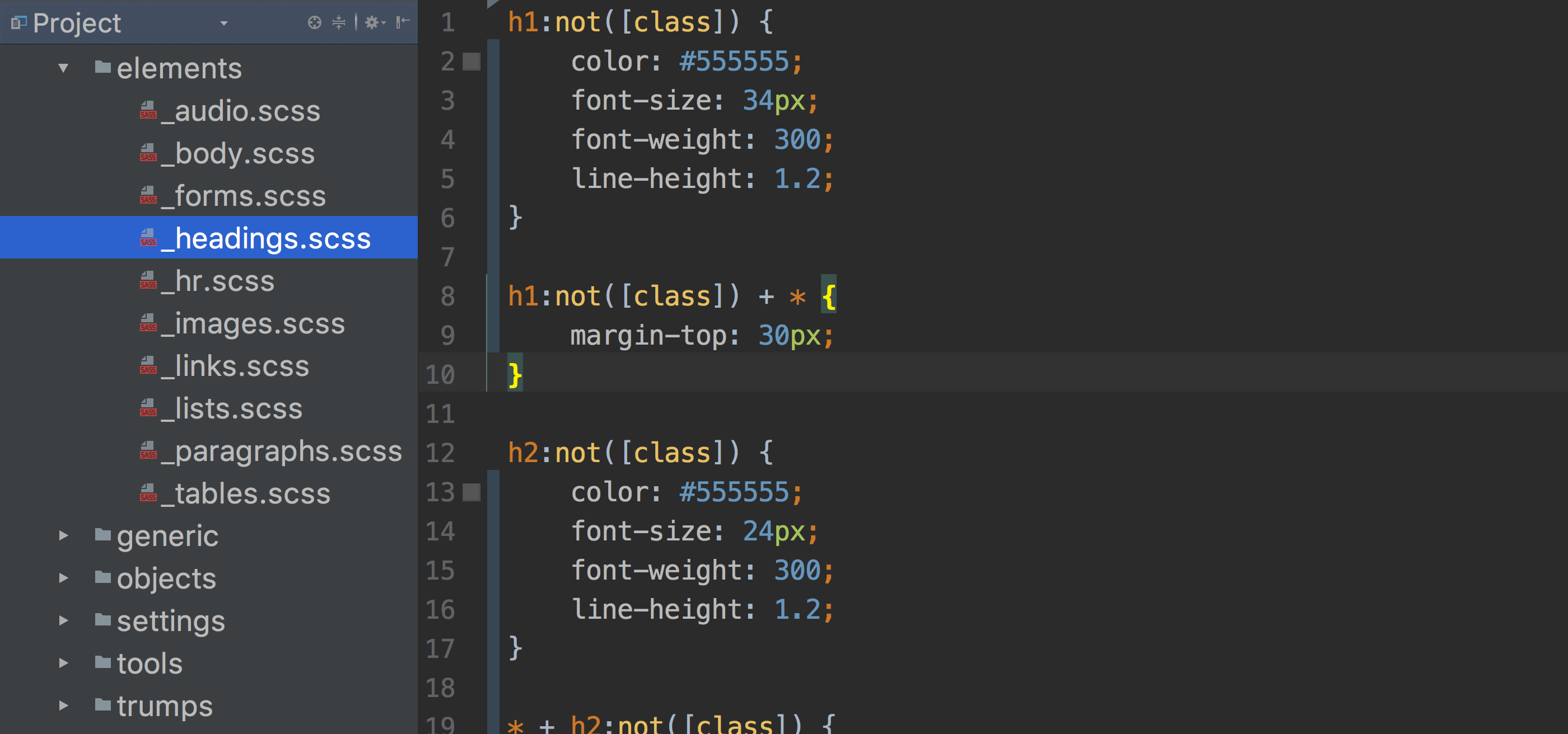 A screenshot of CSS code in an editor, showing selectors like h1:not([class])