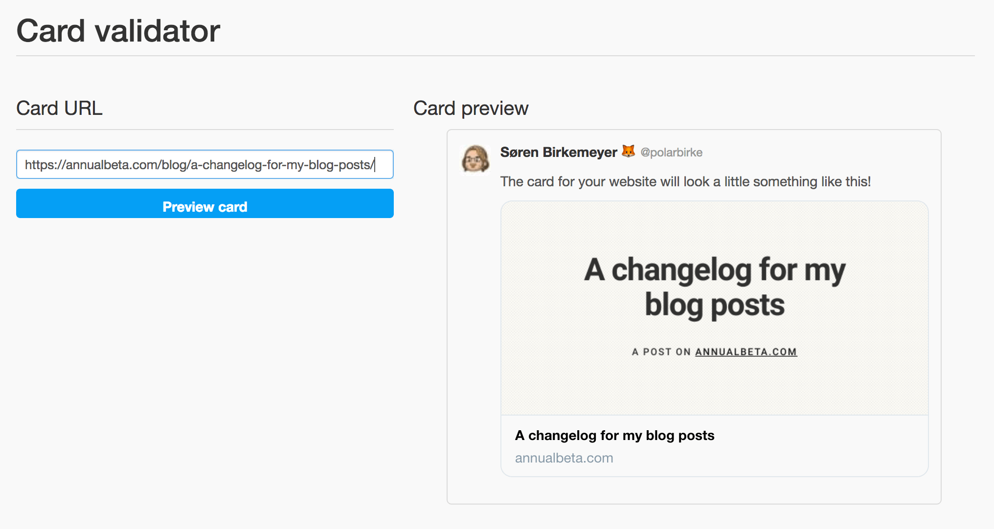 Screenshot of Twitter's card validator, showing the social image for a blog post, saying "A changelog for my blog posts – a post on annualbeta.com"
