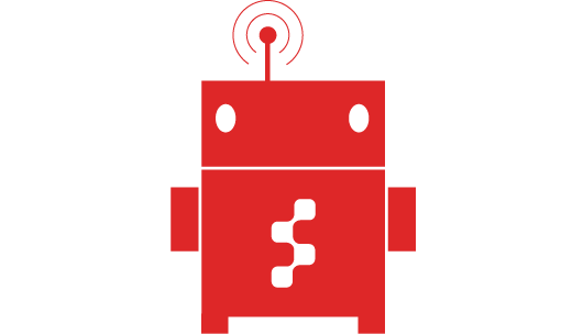 A robot made out of red rectangles with an antenna on its head and the Sapient logo on its breast