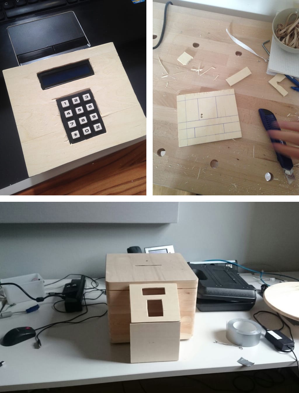 Three photos of a wooden box with a number keypad being assembled into a robot-like contraption